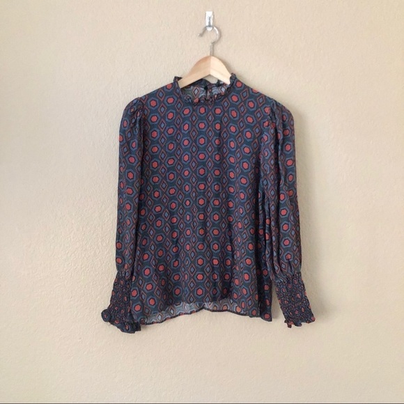Zara Woman High Neck Navy Red Diamond Pattern top - Picture 2 of 5